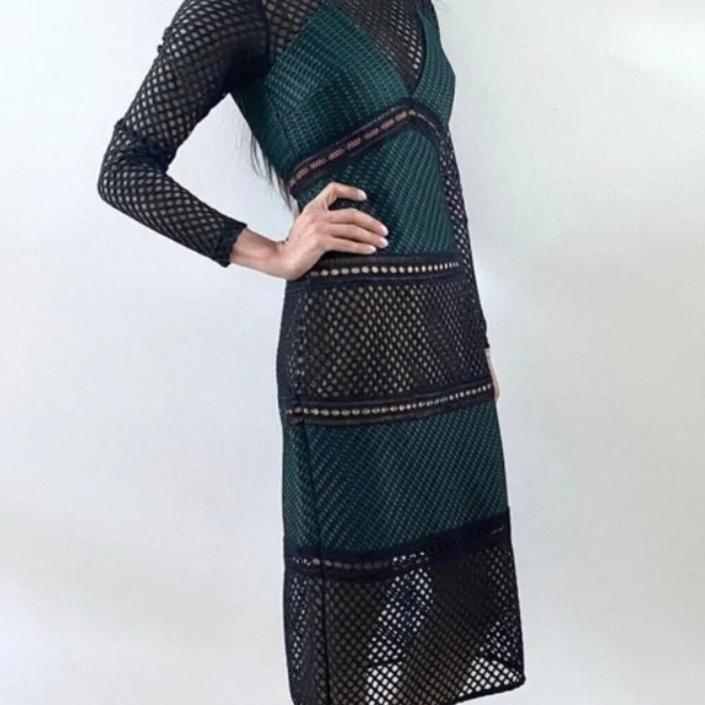 SELF PORTRAIT FOREST GREEN FITTED PANEL LACE MIDI DRESS M $545